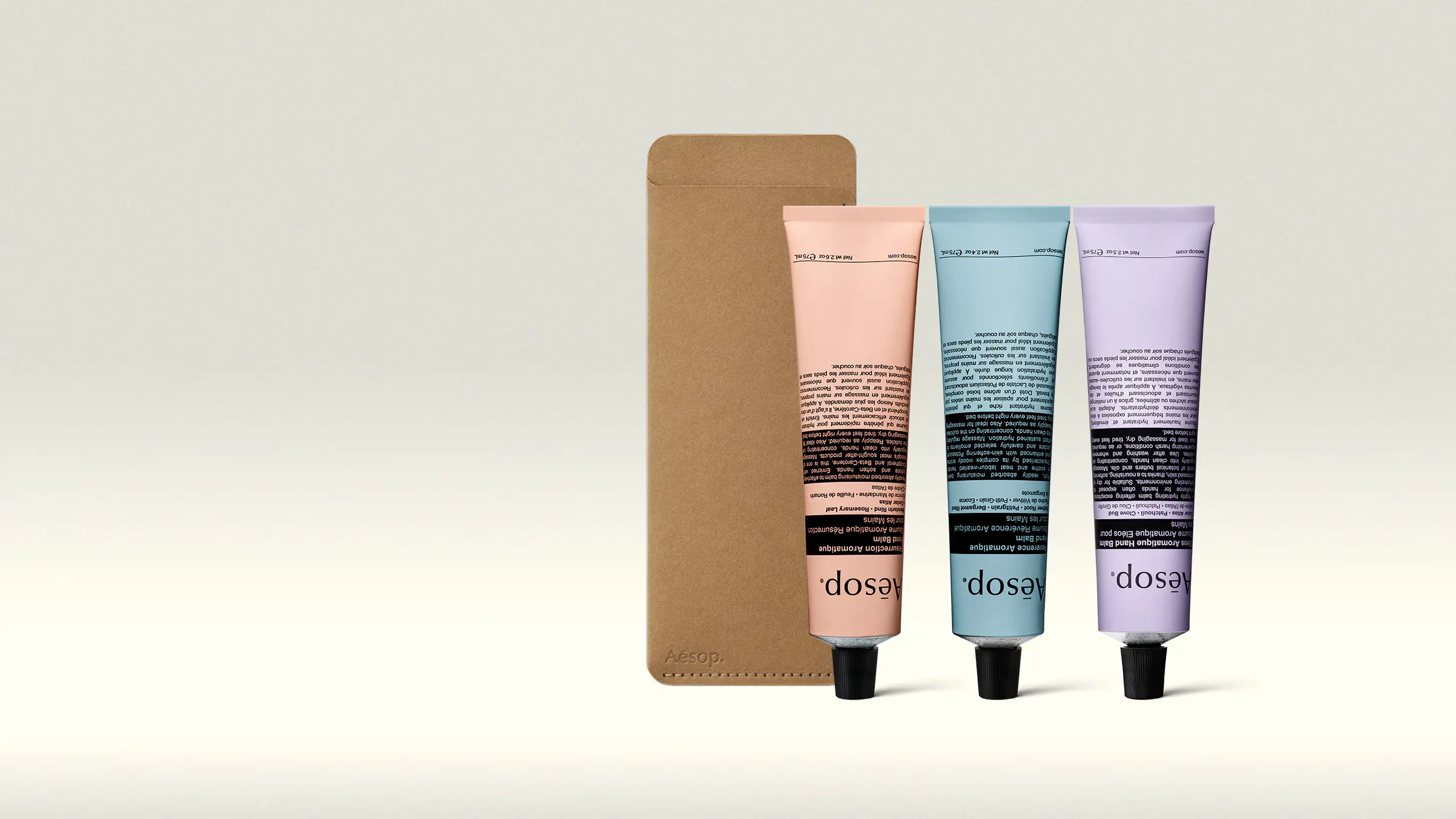 Aesop hand balms alongside a hand balm case
